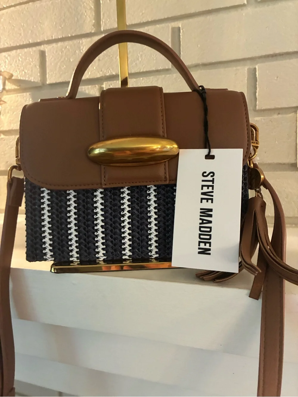 Steve Madden Brown and Navy Woven Style Top-Handle Satchel Crossbody with Tassel - Picture 10 of 16